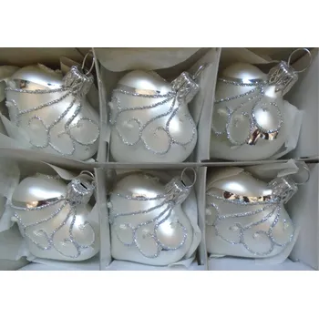 Vánoční ozdoba Vánoční ozdoba, srdíčko stříbrné, sada 6 ks bílý mat paví 1561