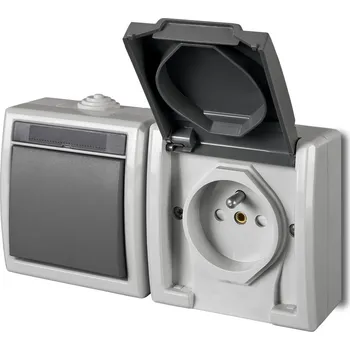 vypínač a zásuvka FAMATEL ATLAS IP55 Přepínač střídavý č.6 + zásuvka SCHUKO vodorovně, šedý 19091