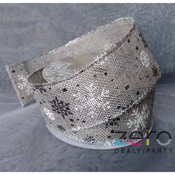 Stuha Stuha jutová 5 cm x 7 y - šedá s tiskem vloček a okrajem