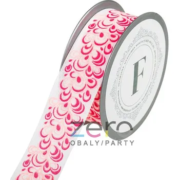 Stuha Stuha tkaná 3,8 cm x 10 m - bílá s růžovo-malinovými ornamenty