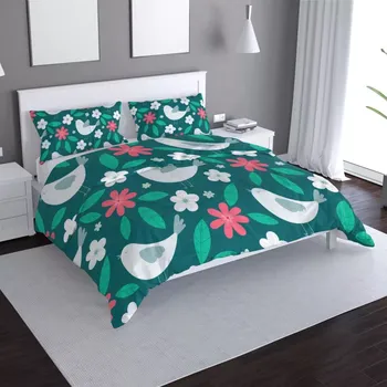 Povlečení Saténové povlečení Červené kvítí s ptáčky - Sablio - 140x220 / 90x70