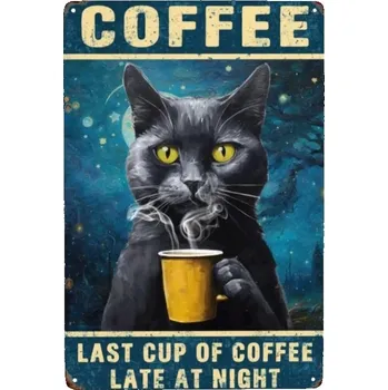Plechová cedule Plechová cedule na zeď " kocour s kávou"