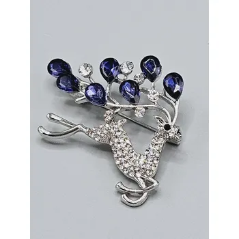 Brož Jelen zdobený štrasem - brož modré kamínky