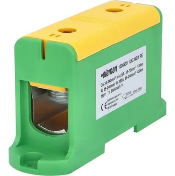 Stavebniny Svorka univerzální UK 240/1 PE, 425A, 1pól., AL/CU, krytá, zel.-žl, na DIN/panel, ELEMAN 1006639