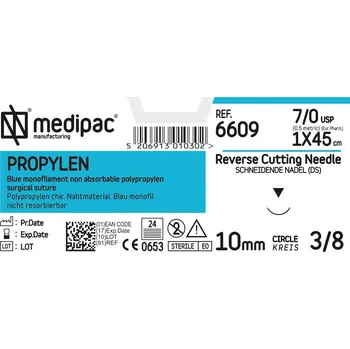 Chirurgická jehla MEDIPAC Propylen - USP 7/0, EP 0.5, jehla řezná 3/8 - jehla dvojitá kulatá 8 mm, délka 60 cm