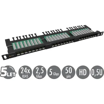 modulární přístroj a rozvaděč 19" patch panel Solarix 24xRJ45 CAT5E UTP s vyvazovací lištou černý 0,5U SX24HD-5E-UTP-BK
