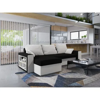 Sedací souprava Rohová sedačka HALSTED s knihovnou, černá/bílá + vyzvednutí ZDARMA