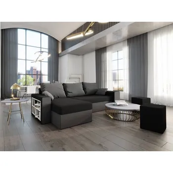 Sedací souprava Rohová sedačka CHAMPNELLA s knihovnou a taburety, černá/tmavě šedá + vyzvednutí ZDARMA