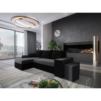 Sedací souprava Rohová sedačka AGUDONG s taburety, šedá/černá + vyzvednutí ZDARMA