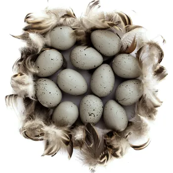 Velikonoční dekorace Ozdobná vajíčka s křepelčími peříčky 12ks - béžová