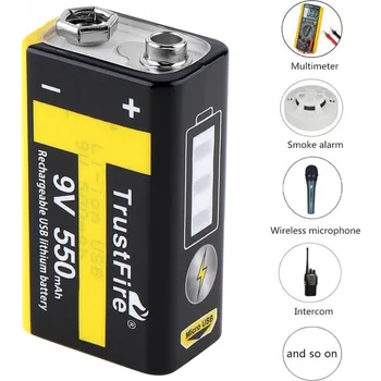 Článková baterie Akumulátor TrustFire 9V 550mAh dobíjecí USB lithiová baterie s ochranou pro multimetr alarm