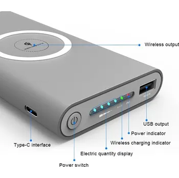 Powerbanka Powerbanka Qi 10000mAh bezdrátová rychlá přenosná nabíječka