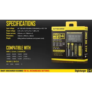 Nabíječka baterií Nabíječka Nitecore D4 LCD Li-ion LiFePO4 a LiMn a NiMH akumulátorů pro 1,2V/3.0V/3.6V/3.7V