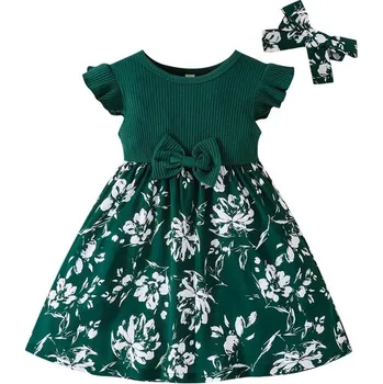 Kojenecké šaty Kojenecké šatičky s květovanou sukní a čelenkou (3-24 měsíců) Barva: zelená B, Velikost: 92 cm (18-24 měsíců)