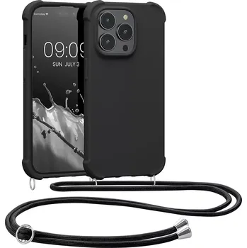 Pevné silikonové pouzdro kwmobile Crossbody na mobil Apple iPhone 14 Pro černé s popruhem přes rameno nebo na krk (Silikonový kryt či obal s popruhem kwmobile Crossbodyna mobil Apple iPhone 14 Pro)