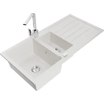 Granitový dřez MEXEN/S - Andres granitový dřez s odkapávačem včetně baterie Rita, bílá 6515-20-670300-00