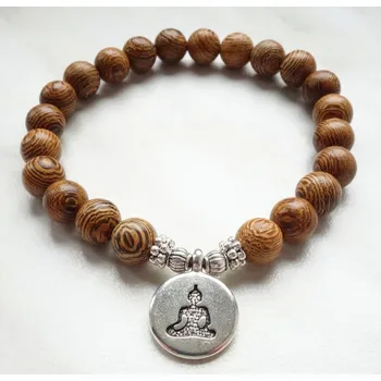 Náhrdelník Blingstar Náramek dřevěný WOOD korálky - Buddha přívěsek