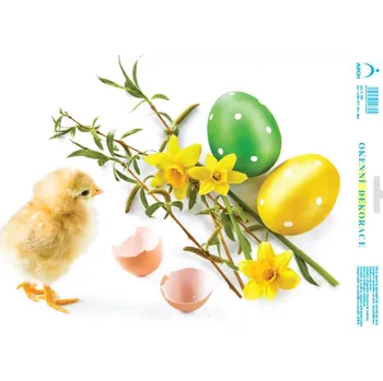 Okenní dekorace Velikonoční adhezní nálepky 33x24 cm / Kuřátko s narcisy