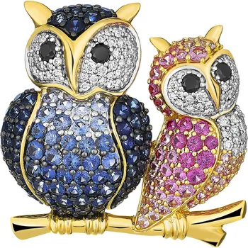 Brož Zlatá brož s brilianty a ozdobnými kameny - sovy - ryzost 750 - 220.692