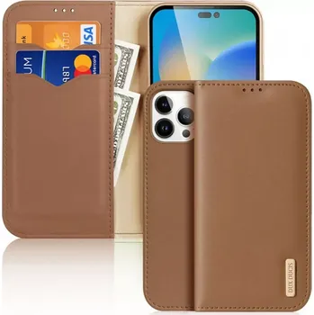 Pouzdro na mobilní telefon Pěkné kožené flip pouzdro Dux Ducis Hivo na mobil Apple iPhone 14 Pro Hnědé (Flipové knížkové vyklápěcí pouzdro Dux Ducis Hivo na mobilní telefon Apple iPhone 14 Pro Hnědé)