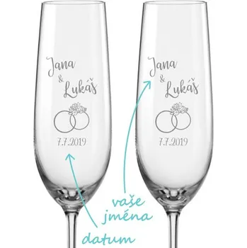 Sklenice Svatební skleničky na sekt Prstýnky s květy, 2 ks