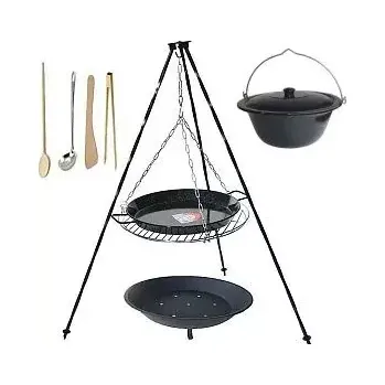 Grilovací rošt Set 3 v 1, trojnožka 1,25 m, grilovací rošt 50 cm a Paella pánev 40 cm a kotlík s poklicí 10 L smalt (grilovací rošt 50 cm se smaltovanou Paella pánví 40 cm na trojnožce 1,25 m a smaltovaný kotlík s poklicí 10 L a s ohništěm)
