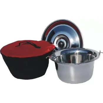 kotlíky Gulášový kotlík LUX 0.8 mm nerezový s poklicí 6 l v obalu (kotlík na guláš LUX 0.8 mm s poklicí 6 L nerez ve voděodolném obalu s červeným vrchlíkem)