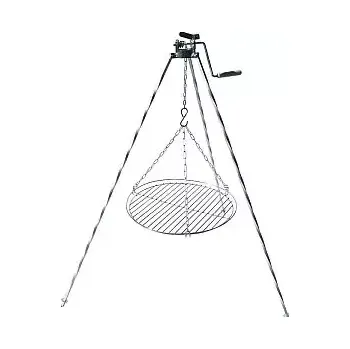 Outdoor vaření Trojnožka stříbrná s kladkou 1,25 m ocelová a rošt 50 cm (grilovací rošt 50 cm na trojnožce s kladkou - jednoduché řešení pro grilování nad ohněm)