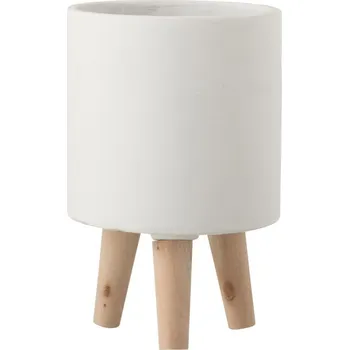 Květináč Cementový bílý květináč na dřevěných nožkách - Ø16*24,5 cm