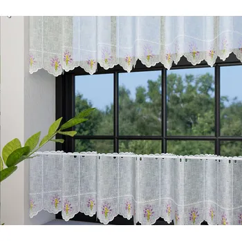 Záclona Vitrážová záclona polyesterový batist 56491, vyšívaná fialová levandule, bílá výška 60cm (v metráži)