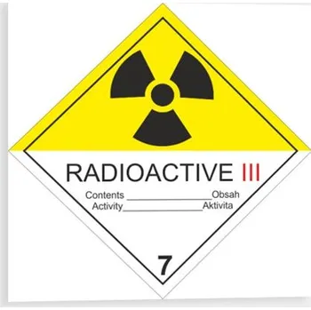 Radioaktivní látka v kusech kat. III. č. 7C Značení ADR Samolepka 100 x 100 mm tl. 0.1 mm - Kód: 02944