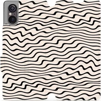 Pouzdro na mobilní telefon Flipové pouzdro Mobiwear - Sony Xperia 5 V - VA62S Vlnky na béžové (Knížkové flip pouzdro, obal, kryt na mobil Sony Xperia 5 V - VA62S Vlnky na béžové, materiál Umělá kůže + TPU - ochrana 360°, stojánek, silikonová vanička, magnetické zavírání)