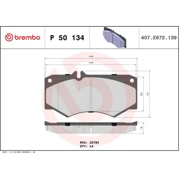 Autodíl Sada brzdových destiček, kotoučová brzda BREMBO P 50 134