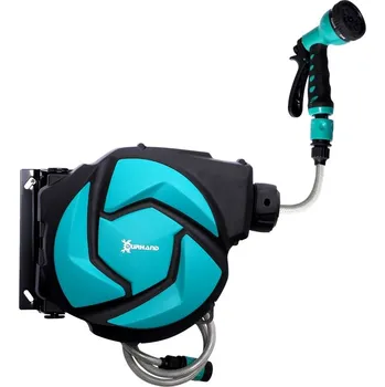 Držák na zahradní hadici DURHAND Nástěnný hadicový naviják otočný o 180° s vícenásobnou sprchou a ochranou proti mrazu, plast, zeleno-černý, hadice 10 m 845-260