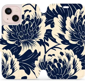 Flipové pouzdro Mobiwear - Apple iPhone 13 Mini - VA40S Modré a béžové květy (Knížkové flip pouzdro, obal, kryt na mobil Apple iPhone 13 Mini - VA40S Modré a béžové květy, materiál Umělá kůže + TPU - ochrana 360°, stojánek, silikonová vanička, magnetické)