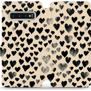 Pouzdro na mobilní telefon Flipové pouzdro Mobiwear - Samsung Galaxy S10 - VA51S Černá srdíčka (Knížkové flip pouzdro, obal, kryt na mobil Samsung Galaxy S10 - VA51S Černá srdíčka, materiál Umělá kůže + TPU - ochrana 360°, stojánek, silikonová vanička, magnetické zavírání)
