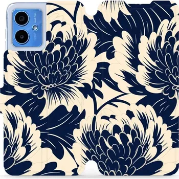 Pouzdro na mobilní telefon Flipové pouzdro Mobiwear - Motorola Moto G14 - VA40S Modré a béžové květy (Knížkové flip pouzdro, obal, kryt na mobil Motorola Moto G14 - VA40S Modré a béžové květy, materiál Umělá kůže + TPU - ochrana 360°, stojánek, silikonová vanička, magnetické zavírá