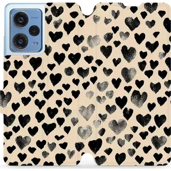 Pouzdro na mobilní telefon Flipové pouzdro Mobiwear - Xiaomi Redmi Note 12 Pro 5G - VA51S Černá srdíčka (Knížkové flip pouzdro, obal, kryt na mobil Xiaomi Redmi Note 12 Pro 5G - VA51S Černá srdíčka, materiál Umělá kůže + TPU - ochrana 360°, stojánek, silikonová vanička, magnetické)