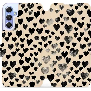 Pouzdro na mobilní telefon Flipové pouzdro Mobiwear - Samsung Galaxy A34 5G - VA51S Černá srdíčka (Knížkové flip pouzdro, obal, kryt na mobil Samsung Galaxy A34 5G - VA51S Černá srdíčka, materiál Umělá kůže + TPU - ochrana 360°, stojánek, silikonová vanička, magnetické zavírání)
