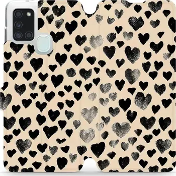 Pouzdro na mobilní telefon Flipové pouzdro Mobiwear - Samsung Galaxy A21S - VA51S Černá srdíčka (Knížkové flip pouzdro, obal, kryt na mobil Samsung Galaxy A21S - VA51S Černá srdíčka, materiál Umělá kůže + TPU - ochrana 360°, stojánek, silikonová vanička, magnetické zavírání)