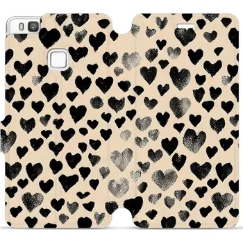 Pouzdro na mobilní telefon Flipové pouzdro Mobiwear - Huawei P9 Lite - VA51S Černá srdíčka (Knížkové flip pouzdro, obal, kryt na mobil Huawei P9 Lite - VA51S Černá srdíčka, materiál Umělá kůže + TPU - ochrana 360°, stojánek, silikonová vanička, magnetické zavírání)