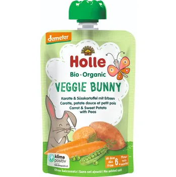 Dětská výživa Holle Bio Veggie Bunny kapsička mrkev, batáty a hrášek pro děti od 6. měsíce, 100 g