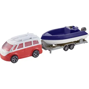 autíčko Halsall Teamsterz karavan s přívěsem a lodí (002) červené auto a fialový člun