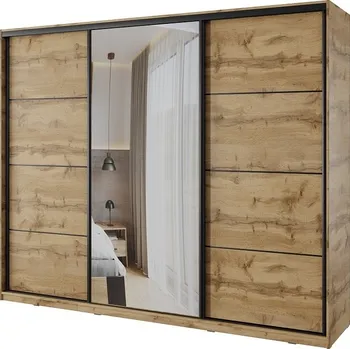 Šatní skříň Šatní skříň NEJBY BARNABA 250 cm s posuvnými dveřmi, zrcadlem,4 šuplíky a 2 šatními tyčemi,dub wotan +možnost VÝNOSU + vyzvednutí ZDARMA