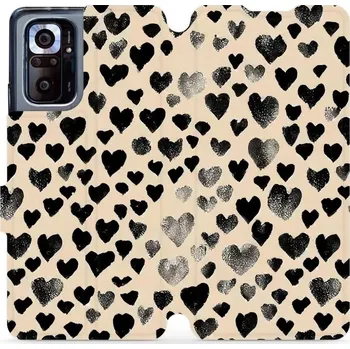 Pouzdro na mobilní telefon Flipové pouzdro Mobiwear - Xiaomi Redmi Note 10 Pro - VA51S Černá srdíčka (Knížkové flip pouzdro, obal, kryt na mobil Xiaomi Redmi Note 10 Pro - VA51S Černá srdíčka, materiál Umělá kůže + TPU - ochrana 360°, stojánek, silikonová vanička, magnetické zavírá
