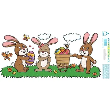 samolepka Velikonoční adhézní samolepky na okna 35x16cm, Zajíčci s vozíkem
