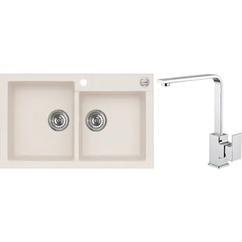 Granitový dřez Alveus Set Rock 90 Granitový dřez dvojitý 780x480 mm+ baterie Reno, bílá, SETA538