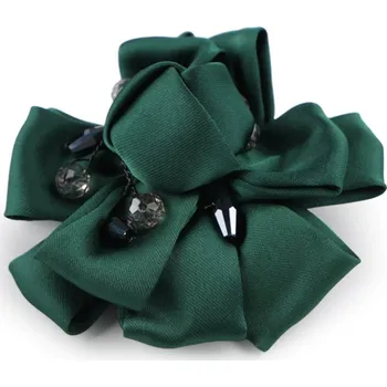 Brož Brož saténový květ s broušenými kamínky Ø7 cm - zelená tm.