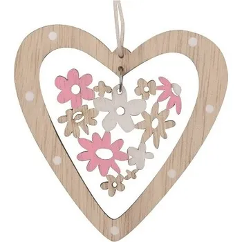 Srdíčko dřevěné s růžovými květy na zavěšení 7,5 cm