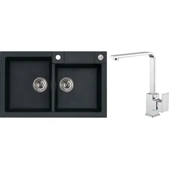 Granitový dřez Alveus Set Rock 90 Granitový dřez dvojitý 780x480 mm+ baterie Reno, černá, SETA541